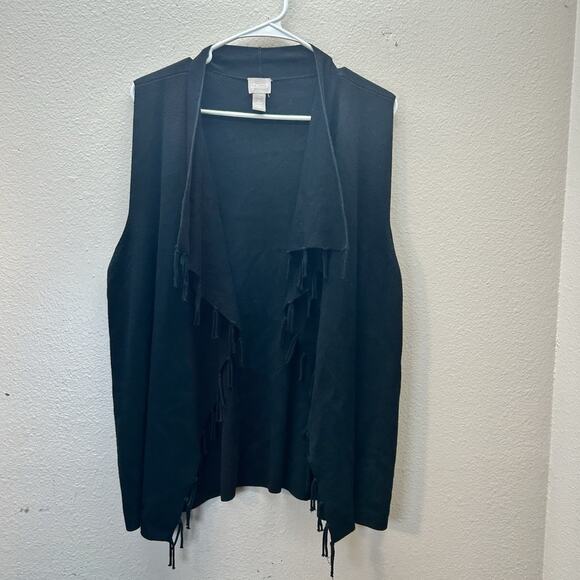 Chicos Size 2 Sweater Vest Black Open Front Knit Fringe Whimsigoth Boho Western - Picture 1 of 7